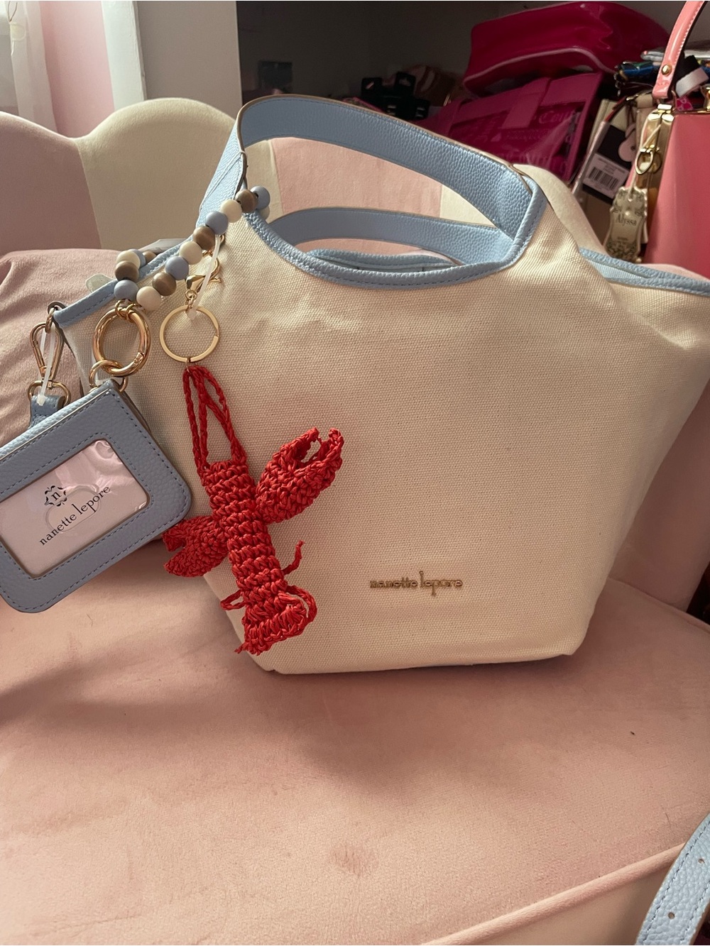 Nanette Lepore Cream & Light Blue Canvas Tote with Red Lobster Charm